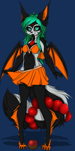 anthro apple bat_wings bottomwear claws clothed clothing clothing_lift costume female food fruit gem holidays markings membrane_(anatomy) membranous_wings paws pearl_(gem) plant skirt skirt_lift submissive wings snowiefeather halloween canid canine fox hybrid mammal alpha_channel