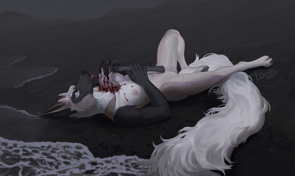 4_toes 5_fingers anthro areola blood blue_eyes bodily_fluids breasts day detailed_background feet female fingers fur genitals gore nipples nude outside shore solo toes vulva water white_body white_fur plgdd canid canine canis domestic_dog mammal 2022 digital_media_(artwork)