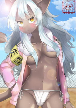 anthro blush bodily_fluids bottomless breasts clothed clothing collarbone crotch_lines dark_body dark_skin eyebrow_through_hair eyebrows female fence hair jacket light looking_at_viewer mostly_nude navel outside panties pink_clothing pink_jacket pink_topwear school side_boob skimpy sky solo standing sunlight sweat text topwear translucent translucent_hair under_boob underwear ventral_groove white_clothing white_eyebrows white_hair white_panties white_underwear yellow_eyes kemo_neko domestic_cat felid feline felis mammal 2017 absurd_res digital_media_(artwork) hi_res japanese_text shaded translation_request