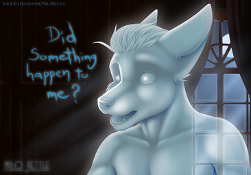 description empty_eyes light male moon moonlight night open_mouth scary solo teeth text tongue translucent window milo_nettle canid canine ghost mammal spirit story story_in_description