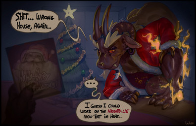 3_toes ambiguous_gender anthro chimney christmas_tree claws clothing curved_horn dialogue duo elderly elderly_male facial_hair fangs feet fire fireplace first_person_view frown gift goatee holidays horn macro magic male plant red_clothing red_eyes red_robe robe size_difference snout speech_bubble talking_to_self teeth text toes tree wyth christmas santa_claus bovid caprine caprine_demon demon goat goat_demon mammal sheep 2025 colored digital_media_(artwork) digital_painting_(artwork) english_text hi_res painting_(artwork) shaded story story_in_description