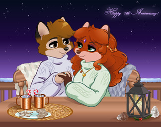 anthro black_nose brown_eyes brown_nose clothed clothed_female clothed_male clothing duo female forehead_gem fur gem green_eyes hair interlocked_fingers jewelry male male/female necklace sky star starry_sky germainethevixen enwood_the_fox germaine_(vixen) canid canine fox mammal hi_res