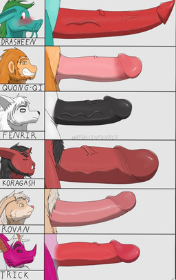 anthro big_penis black_hair black_penis black_sclera blush brown_body brown_fur chart embarrassed erection fur genitals green_hair grin grinding group hair horn humanoid_genitalia humanoid_penis koragash male multicolored_body multicolored_fur orange_eyes penis penis_chart pink_nose pink_penis pubes purple_body purple_fur red_eyes red_penis sharp_teeth size_chart smile teeth two_tone_body two_tone_fur white_eyes white_hair assassinfenrir rovan mythology penis_lineup drasheen_hoimura fenrir_(assassinfenrir) quong_qi trick_(assassinfenrir) bat changeling_(fey) demon dragon eastern_dragon haplorhine hobgoblin honduran_white_bat lagomorph leaf-nosed_bat leporid mammal microbat monkey mythological_creature mythological_scalie primate rabbit scalie yangochiropteran digital_media_(artwork) hi_res shaded signature