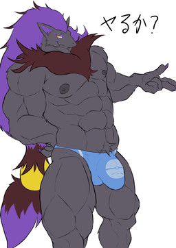 abs anthro big_bulge body_hair bulge claws clothed clothing colored_nails detailed_bulge finger_claws fur gender_symbol genital_outline hair long_hair male muscular muscular_anthro muscular_male nails nipples offering_sex pecs penis_outline pokeball pokeball_clothing pokeball_print pubes purple_hair purple_nails smile solo standing swimwear symbol text topless topless_male underwear underwear_only yellow_eyes geryorias nintendo pokemon generation_5_pokemon pokemon_(species) shiny_pokemon zoroark absurd_res hi_res japanese_text