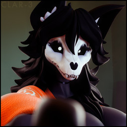 anthro back_fur big_breasts black_eyeshadow black_hair bone boop breasts chest_fur choker clothing eyeshadow fangs female first_person_view hair inner_ear_fluff jewelry long_hair looking_at_viewer makeup messy necklace orange_clothing prison_uniform sharp_teeth skull skull_head solo teeth tuft thenicedragon cryptiacurves_(modeler) da.nilkaz_(modeler) scp_foundation scp-1471-a scp-1471-a_(da.nilkaz) canid canine malo mammal skulldog_(species) 1:1 3d_(artwork) digital_media_(artwork) hi_res watermark