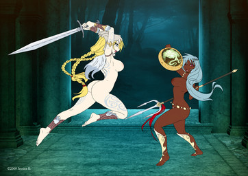 action_pose armor arms_above_head barefoot battle blonde_hair blue_eyes blue_hair bone braided_hair breasts butt castle dark_body dark_skin duo feet female fight forest hair heterochromia inside jumping long_hair melee_weapon nipples not_furry nude plant plantigrade polearm pose pubes red_eyes shield skull sword tattoo thick_thighs tree trident unconvincing_armor warrior weapon matypup human mammal 2009