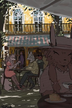 ambiguous_gender anthro building clothed clothed_ambiguous clothed_anthro clothed_female clothed_male clothing container cup cutlery eyes_closed female food fork fully_clothed fully_clothed_ambiguous fully_clothed_anthro fully_clothed_female fully_clothed_male fur grey_body grey_fur group hat headgear headwear holding_object kitchen_utensils looking_at_another male outside plate railing sitting smile standing tail tan_body tan_fur text tools window lecorgi mammal 2026 artist_name digital_media_(artwork) hi_res