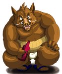 anthro brown_body brown_fur bulge clothing footwear fur humanoid_hands kemono male overweight overweight_anthro overweight_male sandals shoes simple_background solo underwear white_background raichoclub mammal suid suine sus_(pig) wild_boar 2014 hi_res