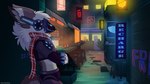 alley anthro bar_stool crossed_arms cyberpunk furniture machine neon_sign scarf sign stool slimyjaws milo_(slimyjaws) protogen 16:9 hi_res widescreen nonbinary_(lore)