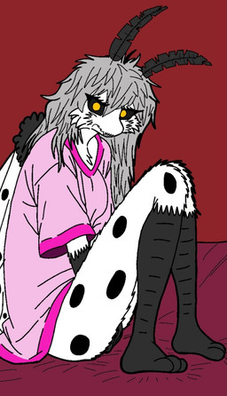 3_toes anthro black_sclera bottomless clothed clothing feet female grey_hair hair long_hair markings pink_clothing pink_shirt pink_topwear shirt shirt_only sitting solo spots spotted_body toes topwear topwear_only yellow_eyes kositamandy polly arthropod insect lepidopteran moth flat_colors