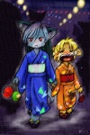 anthro asian_clothing blush bodily_fluids clothing crying duo east_asian_clothing female hand_holding japanese_clothing night red_eyes tears walking yukata ryou al_(ryou) aria_(ryou) 2:3