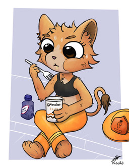 anthro armor big_eyes biped bodily_fluids border breasts clothing eating eating_food female firefighter firefighter_helmet firefighter_uniform food fur fur_markings headgear helmet instant_noodles markings noodles shirt sitting solo sweat sweatdrop tank_top topwear uniform white_border pabord maruchan evita_fuegos felid lion mammal pantherine 2025 hi_res signature