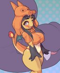 2024 anthro big_breasts biped blush breasts charizard clothing cosplay fan_character female female_anthro fingers generation_1_pokemon generation_3_pokemon hi_res hitmanatee hoodie looking_at_viewer mable_(hitmanatee) mawile nintendo orange_clothing panties pokemon pokemon_(species) pupils solo thick_thighs topwear underwear yellow_body
