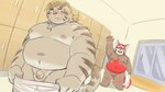 anthro balls belly big_belly black_body blush briefs clothing duo flaccid genitals kemono locker_room male moobs navel nipples overweight overweight_male penis red_body small_penis underwear white_body young ptcmtr lifewonders tokyo_afterschool_summoners licho_(tas) zhurong_(tas) ailurid felid mammal pantherine red_panda tiger 16:9 2024 4k absurd_res hi_res widescreen