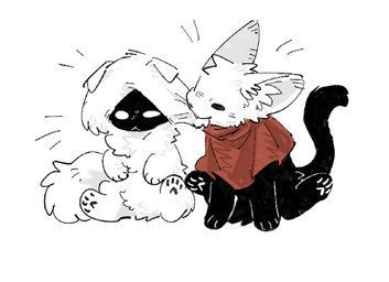 ambiguous_gender bite black_body black_eyes black_fur black_nose clothing daww duo ear_bite empty_eyes feral fluffy fluffy_tail fur inner_ear_fluff mouth_closed pawpads paws quadruped red_clothing sharp_teeth simple_background sitting tail teeth tuft white_background white_body white_eyes white_fur aaasakawa hollow_knight:_silksong hollow_knight_(franchise) team_cherry hornet_(hollow_knight) lace_(hollow_knight:_silksong) felid feline mammal 2025