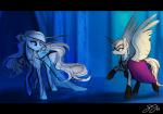 blue_body blue_eyes duo feathered_wings feathers female hair horn white_body white_hair wings probablyfakeblonde disney frozen_(disney) hasbro my_little_pony mythology anna_(frozen) elsa_(frozen) equid equine mammal mythological_creature mythological_equine winged_unicorn crossover