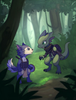 anthro armor backpack cloth duo female forest fur green_body green_eyes green_scales male male/female plant purple_body purple_fur scales scarf shield tree vavacung canid canine japanese_kobold kobold lizard mammal reptile scalie hi_res