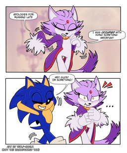 anthro blush bodysuit clothing dressing duo female hair_down hands_behind_head hero humor joke male male/female princess royalty skinsuit smile smug_grin speech_bubble text tight_clothing wolf-chalk sega sonic_the_hedgehog_(series) blaze_the_cat sonic_the_hedgehog domestic_cat eulipotyphlan felid feline felis hedgehog mammal comic english_text hi_res