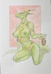 absurd_res adressa_(sindri) anthro breasts collar female furgonomics gold_(metal) green_body green_scales hi_res horn neracoda nude painting_(artwork) scales smile solo traditional_media_(artwork) watercolor_(artwork)
