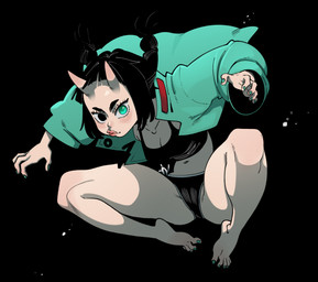 black_eyes black_hair breasts cleavage clothed clothing colored_nails feet female green_eyes green_nails hair heterochromia horn looking_at_viewer nails simple_background solo nuclearwasabi asian_mythology east_asian_mythology japanese_mythology mythology demon horned_humanoid humanoid oni yokai 2025 absurd_res hi_res