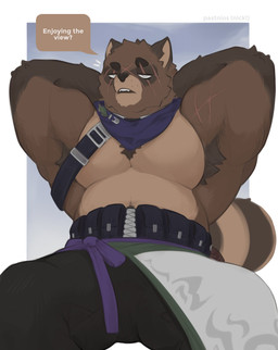 anthro armpit_hair biped black_nose blind body_hair brown_body brown_fur clothed clothing disability eye_scar facial_scar fur male scar solo pastnios epic_games fortnite hajime_(fortnite) canid canine mammal raccoon_dog tanuki hi_res