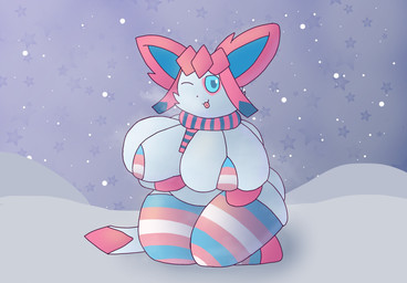 anthro big_breasts bra breast_squish breasts breath clothing female fusion huge_breasts huge_thighs legwear lgbt_pride one_eye_closed pokemon_fusion pride_colors scarf snow solo squish thick_thighs thigh_highs transgender_pride_colors underwear wink nanabsylve nintendo pokemon eeveelution generation_4_pokemon generation_6_pokemon glaceon pokemon_(species) sylveon hi_res trans_(lore) trans_woman_(lore)
