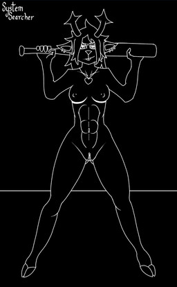 abs anthro antlers athletic baseball_bat bat_(object) breasts ear_piercing female front_view genitals heart_necklace holding_object holding_weapon hooves horn jewelry looking_at_viewer medium_breasts medium_hair necklace nipples nude nude_anthro nude_female piercing smile smiling_at_viewer smirk smirking_at_viewer smug solo spread_legs spreading vulva weapon white_line_art yoke_pose systemsearcher deltarune undertale_(series) dess_holiday deer mammal 2025 black_and_white colored_line_art digital_drawing_(artwork) digital_media_(artwork) full-length_portrait line_art monochrome portrait signature