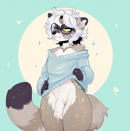 abstract_background anthro balls bodily_fluids bottomless bottomless_anthro bottomless_male chest_tuft claws clothed clothing clothing_pull constellation_markings countershading eyelashes eyewear fangs femboy flaccid fluffy fluffy_tail foreskin fur fur_markings genital_fluids genitals glasses gloves_(marking) green_eyes grey_body hair heart_symbol highlights_(coloring) humanoid_genitalia humanoid_penis leaking_precum lidded_eyes looking_away male markings messy_hair oversized_clothing penis precum round_glasses solo sparkles sweater sweater_only tail teeth text thick_thighs tired topwear topwear_only tuft undressing undressing_self unretracted_foreskin wavy_hair wearing_glasses white_body white_countershading white_hair wide_hipped_anthro wide_hipped_male wide_hips lezified lys_(lezified) mammal procyonid raccoon 2026 artist_name colored digital_drawing_(artwork) digital_media_(artwork) hi_res portrait shaded three-quarter_portrait