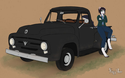 anthro belt belt_buckle black_body black_fur bottomwear brown_hair buckle car car_hood car_interior car_seat claws clothing collared_shirt crossed_arms denim denim_bottomwear denim_clothing dress_shirt facial_markings fur grass green_clothing green_eyes green_topwear hair head_markings jacket jeans leaning leaning_backward leaning_on_object light_truck male markings messy_hair on_car on_one_leg pants pawpads pickup_truck piercing plant pose raised_tail serious serious_face shirt shirt_collar simple_background small_ears solo standing striped_markings striped_tail stripes tail tail_markings tail_motion three-quarter_view toe_claws topwear truck vehicle white_body white_fur window fluffyminx ford minx_(fluffyminx) badger mammal mustelid musteline absurd_res hi_res widescreen