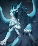 ambiguous_gender beak blue_beak blue_body blue_ears blue_eyes blue_fur blue_horn blue_tongue blue_wings ears_back feathered_wings feathers feral front_view fur glistening glistening_eyes horn melee_weapon open_mouth pivoted_ears polearm pupils ridged_horn slit_pupils solo spear text tongue weapon white_body white_fur wings santanahoffman species_request 2025 artist_name dated hi_res
