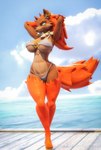 abs anthro big_breasts big_butt bikini blue_sky breasts butt clothing cloud day ear_piercing ear_ring female fur green_eyes hair half-closed_eyes hands_behind_back narrowed_eyes neck_tuft o-ring o-ring_bikini orange_body orange_fur orange_hair outside piercing raised_arms ring_piercing sea sky smile solo swimwear thick_thighs tuft two-piece_swimsuit under_boob water wet wet_body wet_fur white_bikini white_clothing white_swimwear wide_hips psyjohn psychojohn2_(modeler) fanessa canid canine fox mammal 3d_(artwork) absurd_res digital_media_(artwork) hi_res