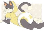 anthro bonnet brown_background clean_diaper clothed clothing diaper dress female fur grey_body grey_fur headgear headwear looking_at_viewer lying on_front pantsless_anthro pantsless_female rear_view simple_background solo wearing_diaper white_background white_body white_fur starcandy12 animaniacs warner_brothers rita_(animaniacs) domestic_cat felid feline felis mammal hi_res