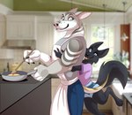 anthro apron clothing cooking duo female hug kitchen kitchen_utensils male open_mouth open_smile size_difference smile tools silvergrin zetsin canid canine mammal hi_res