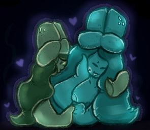 anthro bite blush breasts duo embarrassed female female/female glow-bi_(absolutetart) glowing glowing_body glowing_markings glowing_nipples hair_eating hand_holding hand_on_face heart_symbol kissing markings nipples playful_biting pseudo_hair simple_background tentacle_hair tentacles absolutetart microsoft minecraft mojang xbox_game_studios glow_squid_(minecraft) squid_(minecraft) half-length_portrait portrait