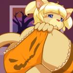 anthro blonde_hair blue_eyes brown_nose butt clothing female hair holding_butt holidays jack-o'-lantern_print legs_together looking_at_viewer orange_clothing orange_panties orange_underwear panties solo underwear young young_anthro maverick halloween chessie_(maverick) domestic_cat felid feline felis mammal 1:1 2016 hi_res