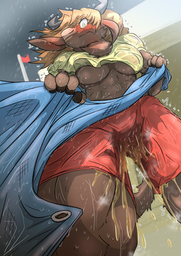 anthro beach blush bodily_fluids breasts brown_body brown_fur brown_hair clothed clothing crowd embarrassed female fur genital_fluids group hair horn lifeguard muscular muscular_female nipples outside peeing shirt solo tail topwear urine water wetting yellow_eyes mttbsmn bovid bovine buffalo cattle mammal absurd_res hi_res