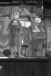 2023 ani-droids anthro apron apron_only asinus bale_(ani-droids) bottle breasts buckteeth chestnut_(ani-droids) clothing container donkey duo ear_piercing ear_ring english_text equid equine female fur greyscale hair hi_res inside looking_at_viewer mammal mane menu_board monochrome piercing rick_griffin ring_piercing rodent sciurid side_boob size_difference teeth text tree_squirrel