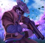 anthro clothed clothing cloud ear_piercing electricity facial_piercing forest forest_background fur gun holding_gun holding_object holding_ranged_weapon holding_shotgun holding_weapon lightning male nature nature_background nose_piercing nose_ring outside piercing plant ranged_weapon ring_piercing shotgun smile solo storm tail tree weapon galletoart epic_games fortnite rufus_(fortnite) mammal procyonid raccoon absurd_res digital_media_(artwork) hi_res