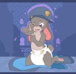 age_regression anthro clean_diaper clothed clothing clothing_aside dart diaper diaper_only female floppy_ears fur grey_body grey_fur hat headgear headwear long_ears pawpads purple_eyes solo topless young bubblepuppers disney zootopia judy_hopps european_rabbit lagomorph leporid mammal oryctolagus rabbit hi_res letterbox