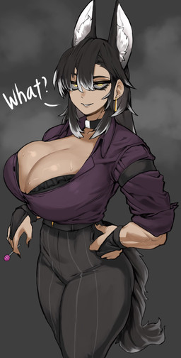 4_ears big_breasts black_hair bodily_fluids bottomwear bra bra_peek breasts candy cleavage clothed clothing collared_shirt colored_nails dessert dress_shirt ear_piercing eyebrows eyelashes female food glistening glistening_breasts glowing glowing_eyes grey_hair hair half-closed_eyes hand_on_hip huge_breasts human_and_animal_ears inner_ear_fluff lollipop long_nails multi_ear multicolored_hair nails narrowed_eyes open_clothing open_shirt open_topwear pants piercing shirt solo sweat sweaty_breasts tail text topwear tuft two_tone_hair underwear yellow_eyes badaseangsu nero_(nlebo_hentai) animal_humanoid canid canid_humanoid canine canine_humanoid dog_humanoid humanoid mammal mammal_humanoid 2024 english_text hi_res