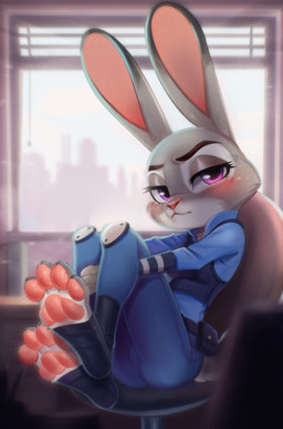 anatomically_inaccurate anatomically_inaccurate_pawpads anthro blue_clothing blush chair clothed clothing feet female female_anthro foot_focus fur furniture grey_body grey_ears grey_fur inside looking_at_viewer narrowed_eyes pawpads pink_nose pink_pawpads police police_uniform pose purple_eyes sitting solo tail uniform akonaro disney zootopia judy_hopps european_rabbit lagomorph leporid mammal oryctolagus rabbit absurd_res digital_media_(artwork) hi_res portrait