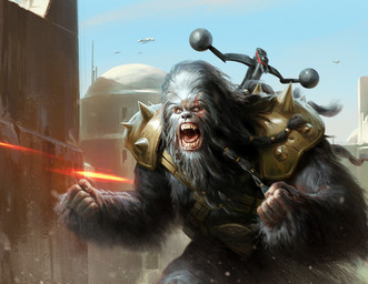 angry armor building crossbow day eye_scar facial_scar fist fur male open_mouth outside pauldron ranged_weapon scar solo weapon wraithdt fantasy_flight_games star_wars star_wars:_the_card_game krrsantan wookiee digital_media_(artwork) official_art