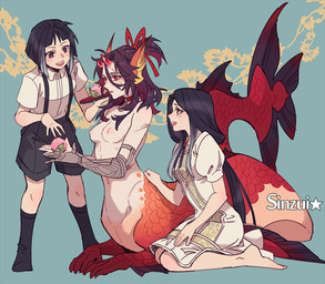 black_hair breasts broken_horn collar countershading ear_fins eye_scar facial_scar female fin group hair horn long_hair open_mouth open_smile prosthetic prosthetic_arm prosthetic_limb red_body red_eyes red_scales scales scar smile split_form trio sinzui aquatic human humanoid_merfolk mammal merfolk 2021