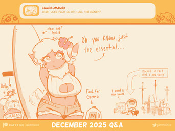 2_horns accessory anthro big_breasts blush blush_stickers bone bottomwear breasts buttplug chair cleavage cleavage_cutout clothed clothing computer computer_monitor cutout directional_arrow duo electronics eyelashes female flower flower_in_hair food furniture hair hair_accessory hands_behind_back horn hotpants melee_weapon navel orange_monochrome plant plug_(sex_toy) q&a sex_toy shorts skeleton surfboard sword tail tail_motion tailwag text thong_straps topwear weapon gammainks flor_(gammainks) gamma_(gammainks) animated_skeleton bovid caprine mammal sheep undead 2025 absurd_res artist_name english_text hi_res monochrome