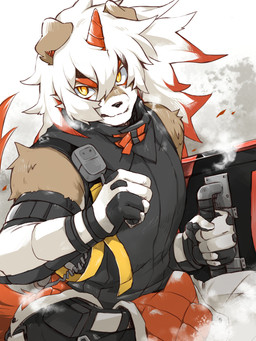 1_horn anthro armwear black_clothing black_shirt black_tank_top black_topwear clothing elbow_gloves fur gloves hair handwear holding_object horn looking_at_viewer male multicolored_body multicolored_fur multicolored_hair orange_body pupils shield shirt slit_pupils solo tank_top topwear white_body white_fur white_hair zebra_vz arknights hypergryph studio_montagne hung_(arknights) canid canine canis domestic_dog felid mammal 2021 3:4 half-length_portrait hi_res portrait