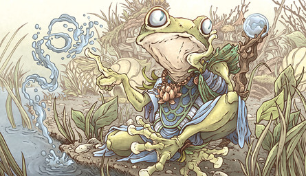 5_fingers ambiguous_gender anthro blue_clothing clothing elemental_manipulation fingers grass green_body lake leaf looking_up magic plant sitting solo staff water water_manipulation david_petersen hasbro magic:_the_gathering wizards_of_the_coast helga_(magic:_the_gathering) amphibian frog 2024 official_art female_(lore)