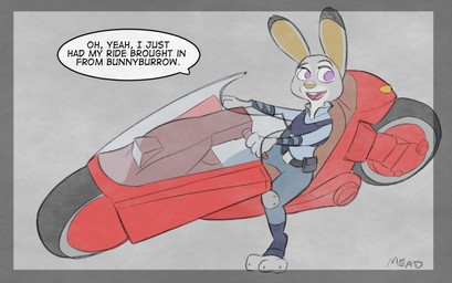 3_toes anthro biped border buckteeth clothed clothing dipstick_ears duo ear_markings feet female fur grey_background happy looking_at_viewer motorcycle multicolored_ears open_mouth police police_uniform purple_eyes simple_background sitting smile solo speech_bubble straddling teeth text toes uniform vehicle anothercolouranon rockbottomfeeder akira_(film) disney zootopia judy_hopps lagomorph leporid mammal rabbit 2017 colored english_text