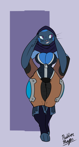 alternate_species annoyed anthro biped blue_body boots buckteeth clothing curvy_figure female floppy_ears footwear furgonomic_footwear furgonomics hands_on_hips hourglass_figure lop_ears lopped_ears paws shoes shortstack small_waist solo teeth thick_thighs whiskers wide_hips rubbermage astrid_(rubbermage) lagomorph leporid mammal rabbit 2017 hi_res signature