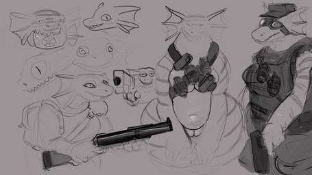anthro belly clothed clothed_female clothing explosives eyewear female fin genitals goggles grenade gun hat head_fin headgear headwear holding_gun holding_object holding_ranged_weapon holding_weapon innie_vulva nude nude_female nuke overweight overweight_anthro overweight_female ranged_weapon sharp_teeth shortstack shortstack_female solo teeth thick_thighs topwear vest vulva weapon wide_hips doctordj fallout microsoft gecko_(fallout) lizard reptile scalie hi_res sketch_page