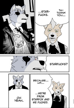 5_panel_comic anthro black_nose clothed clothing dialogue duo ellipsis eye_patch eyewear fur grey_body grey_fur hair male open_mouth profanity question_mark shocked simple_background speech_bubble suit text topwear yellow_body yellow_fur zcik chainsaw_man nintendo star_fox thank_you_chainsaw_man fox_mccloud wolf_o'donnell canid canine canis fox mammal wolf comic digital_media_(artwork) english_text hi_res meme